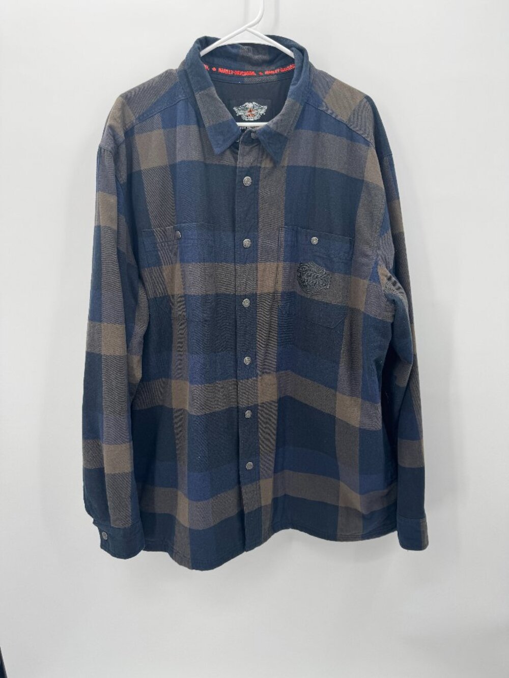 Harley-Davidson Quilted Lined Plaid Flannel Shirt Jacket Mens XL Blue Brown Bike
